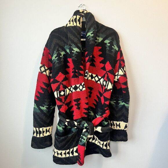 Polo Ralph Lauren Native Knit Wool Aztec Cardigan Tie Sweater M Indian VTG RARE - Picture 3 of 10
